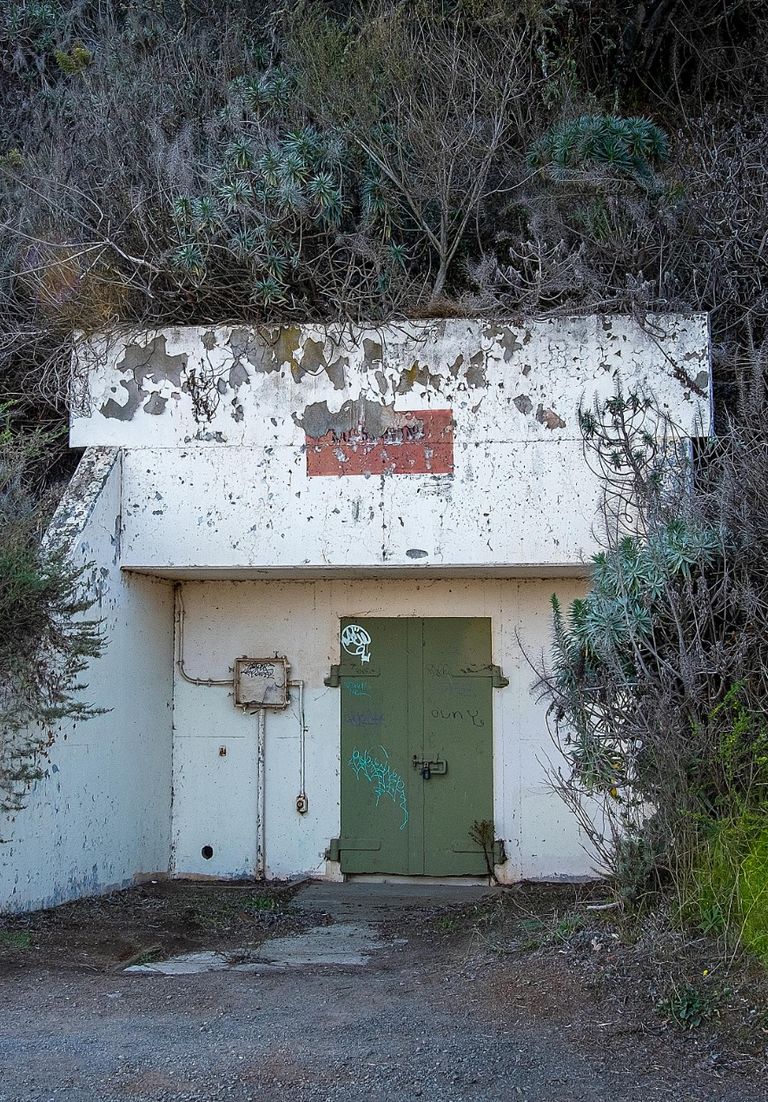 A door to a bunker, locked closed, set in concrete with peeling white paint and surrounded by plants